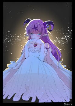 Rule 34 | 1girl, absurdres, artist name, blue bow, blush, bow, chunjang, demon girl, demon horns, dress, frilled dress, frills, green eyes, hair bow, hair ornament, highres, hololive, horns, long hair, looking at viewer, mano aloe, own hands together, pink hair, purple bow, solo, very long hair, virtual youtuber, white dress, x hair ornament