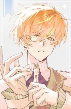 1boy adjusting_clothes adjusting_gloves blonde_hair chinese_commentary clenched_teeth collared_shirt commentary_request earrings flower funsai_seyo!_unvalentine_no_fukushuu_(project_sekai) gloves green_eyes grey_background hands_up highres jewelry long_sleeves looking_at_viewer male_focus monocle multicolored_hair official_alternate_costume official_alternate_hairstyle orange_hair parted_lips project_sekai shinonome_akito shirt short_hair slc_yh solo streaked_hair stud_earrings teeth two-tone_hair upper_body white_gloves