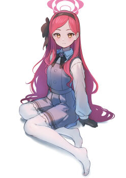 1girl black_ribbon blue_archive brooch closed_mouth collared_shirt dress expressionless feet full_body grey_dress halo highres jewelry long_hair long_sleeves marulire neck_ribbon no_shoes pantyhose pinafore_dress red_hair red_halo ribbon shirt simple_background sitting sleeveless sleeveless_dress solo swept_bangs takane_(blue_archive) toes very_long_hair wavy_hair white_background white_pantyhose white_shirt yellow_eyes yokozuwari