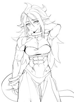 1girl abs absurdres android_21 breasts dragon_ball dragon_ball_fighterz dragonball_z groin highres large_breasts looking_at_viewer majin_android_21 monochrome muscular muscular_female pointy_ears tagme tail zequung