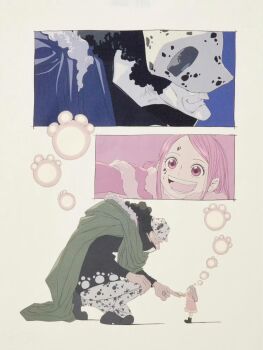 1boy 1girl aged_down animal_ears animal_print bartholomew_kuma bear_ears bear_print black_boots black_hair black_jacket black_shoes boots capelet cloak close-up closed_mouth coat curly_hair devil_fruit_power ears_through_headwear fake_animal_ears father_and_daughter full_body fur_hood green_cloak hand_on_own_knee hat highres holding_another&#039;s_finger hood hood_down hooded_cloak jacket jewelry_bonney kneeling kojima_takashi long_hair looking_at_another multiple_views one_piece open_mouth pants pink_capelet pink_coat pink_eyes shoes size_difference smile standing teeth uniqlo upper_teeth_only white_hat white_pants