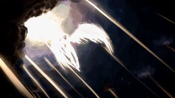 1girl absurdres cloud cloudy_sky commentary english_commentary feathered_wings glowing_skin gloxartx highres light_rays nephis_(shadow_slave) nude shadow_slave sky solo star_(sky) starry_sky white_wings wings