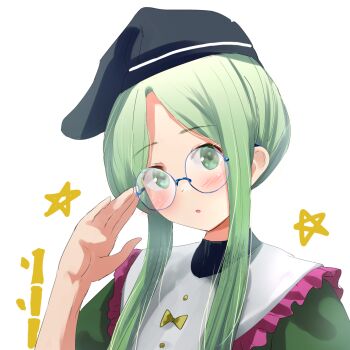 Rule 34 | 1girl, :o, adjusting eyewear, bespectacled, bib collar, black hat, blue-framed eyewear, blush, commentary request, drawn star, frilled shirt collar, frills, glasses, green eyes, green hair, hand up, hat, long sidelocks, looking at viewer, parted bangs, parted lips, portrait, round eyewear, short hair with long locks, sidelocks, simple background, solo, star (symbol), teireida mai, teruteru12, touhou, white background