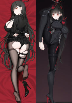 1girl absurdres alternate_costume ass barefoot bdsm black_bodysuit black_hair black_halo black_panties black_pantyhose blue_archive blunt_bangs bodysuit bondage bound bound_wrists breasts bright_pupils covered_erect_nipples dakimakura_(medium) double_v feet hair_behind_ear hair_ornament hairclip halo high_heels highres large_breasts leotard long_hair millennium_science_school_logo mr.blackcat666 multicolored_halo panties pantyhose ponytail red_eyes restrained ringed_eyes rio_(armed)_(blue_archive) rio_(blue_archive) shoes skin_tight solo sweater torn_clothes torn_pantyhose two-tone_halo underwear unworn_shoes v white_pupils