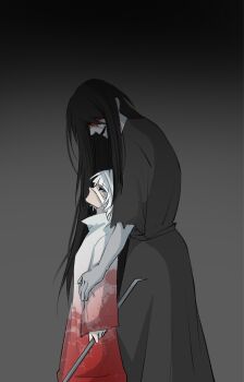 Rule 34 | 1boy, 1girl, black eyes, black hair, black kimono, blood, blood on clothes, blood on face, commentary, cowboy shot, crawling dreams, crowbar, gradient background, grey background, adashino adami, highres, holding, holding crowbar, homicipher, japanese clothes, kimono, long hair, looking at another, looking up, neko (yuayew6upxukfre), raincoat, short hair, standing, very long hair, white hair