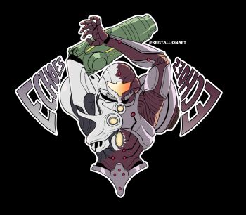 Rule 34 | 1girl, arm cannon, armor, arms up, artist name, assault visor, black background, commentary request, dark suit (metroid), full armor, highres, kristallion, light suit (metroid), metroid, metroid prime 2: echoes, nintendo, orange visor, outline, power armor, power suit (metroid), samus aran, science fiction, simple background, solo, twitter username, weapon, white outline