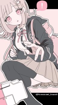 1girl animal_bag blush breasts brown_hair brown_skirt cat_bag collared_shirt commentary_request danganronpa_(series) danganronpa_2:_goodbye_despair flipped_hair hair_ornament handheld_game_console highres hood jacket komanami_kawaii long_sleeves looking_at_viewer medium_hair nanami_chiaki neck_ribbon open_clothes open_jacket pink_bag pink_eyes pink_ribbon pleated_skirt ribbon shirt skirt solo thighhighs two-tone_shirt white_shirt