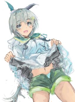 1girl animal_ears blue_eyes blush breasts choker clothes_lift dress ear_covers flower green_sailor_collar green_shorts grey_hair hair_between_eyes hair_flower hair_ornament hairclip horse_ears horse_girl horse_tail looking_at_viewer midriff midriff_peek navel open_mouth sailor_collar seiun_sky_(reeling_in_the_big_one)_(umamusume) seiun_sky_(umamusume) short_hair shorts simple_background single_ear_cover small_breasts smile solo sunflower sunflower_hair_ornament tail umamusume white_background white_dress yanagi_wakana