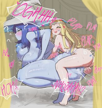 1boy 1girl ? absurdres alternate_breast_size ass barefoot bite_mark bite_mark_on_breast blonde_hair blue_hair blue_skin blush bouncing_breasts braid breasts brother_and_sister censored circlet colored_skin completely_nude cum cum_in_pussy cum_overflow ejaculation elden_ring fang from_side full_body half-closed_eyes hat heart hetero highres huge_ass huge_breasts incest josou_seme lipstick_mark lipstick_mark_on_ass mind_control miquella_(elden_ring) moaning nipples nude open_mouth plap q1w2e3r4_(pixiv_75476659) ranni_the_witch sex siblings size_difference smaller_dominant smile speech_bubble squatting tally testicles tiptoes trap trap_on_female vaginal witch_hat yellow_eyes