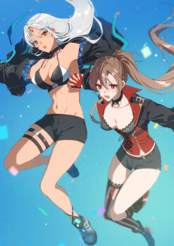 2girls :o aiguillette amazuki_jou armpits asymmetrical_footwear azur_lane bare_shoulders bikini bikini_top_only black_bikini black_boots black_choker black_jacket black_shorts blue_background body_markings boots breasts brown_hair choker cleavage collarbone commentary_request corset dark-skinned_female dark_skin earrings facial_mark floating floating_hair forehead_mark gloves groin hair_between_eyes high_ponytail highres holding_hands jacket jean_bart_(azur_lane) jewelry knee_boots large_breasts long_hair long_sleeves massachusetts_(azur_lane) medium_breasts midriff multicolored_bikini multiple_girls navel off_shoulder open_clothes open_jacket open_mouth ponytail red_corset red_eyes red_gloves shoes short_shorts shorts sidelocks single_knee_boot single_thighhigh skindentation skull_belt sneakers striped_clothes striped_thighhighs sweat swimsuit thigh_strap thighhighs two-tone_bikini vertical-striped_clothes vertical-striped_thighhighs very_long_hair white_bikini white_hair white_nails