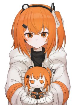 1girl a.i._voice adachi_rei arazan_(ara_arazan24) black_shirt character_doll closed_mouth computer_chip doll fumo_(doll) gloves hair_between_eyes hair_ornament hair_ribbon hairclip hashtag-only_commentary headlamp headset highres holding holding_stuffed_toy hood hooded_jacket jacket lens_eye medium_hair nejikirio_(style) one_side_up open_clothes open_jacket orange_eyes orange_hair radio_antenna ribbon shirt simple_background sound_wave stuffed_animal stuffed_toy turtleneck turtleneck_shirt upper_body utau white_background white_gloves white_jacket white_ribbon