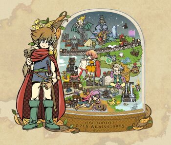 2boys 3girls ahoge animal animal_on_head anniversary bartz_klauser beard bird bird_on_head blonde_hair blue_eyes blue_tunic boots brown_boots brown_hair castle china_dress chinese_clothes chocobo cloak closed_mouth clothes_hanger commentary_request copyright_name crystal dragon dress facial_hair faris_scherwiz final_fantasy final_fantasy_v galuf_halm_baldesion green_boots green_cloak green_headband grey_hair hair_between_eyes head_on_hand headband highres holding holding_clothes_hanger holding_scroll holding_staff holding_stick indian_style krile_mayer_baldesion_(ff5) lenna_charlotte_tycoon lying miri_(mirik) moogle multiple_boys multiple_girls mustache old old_man on_head on_side orange_dress pants pink_hair ponytail purple_hair pyramid_(structure) red_cloak red_dress riding_dragon scroll short_hair sitting smile staff stick swept_bangs treasure_chest tunic twitter_username white_mage_(final_fantasy) white_pants wizard