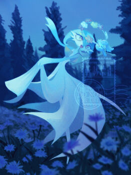 1girl ^_^ absurdres adversarial_noise alternate_color arms_up artist_name blue_hair blue_skin blue_sky blurry blurry_foreground bob_cut closed_eyes colored_skin comfey dancing female_focus field flat_chest flower flower_field flower_necklace full_body gardevoir gen_3_pokemon gen_7_pokemon hair_between_eyes happy highres holding jewelry leaning_back leg_up lei lifting_own_clothes looking_at_another multicolored_skin necklace night nintendo no_feet open_mouth orange_flower outdoors outstretched_arms pokemon pokemon_(creature) red_flower shiny_pokemon short_hair sky smile standing standing_on_one_leg tree twitter_username two-tone_skin watermark white_flower white_skin yellow_flower yuhata_(yuh4t4)