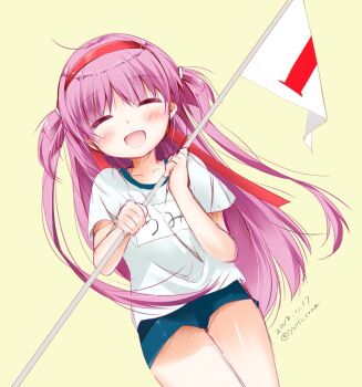 Rule 34 | 1girl, 2018, :d, ^ ^, alternate costume, asahina yori, blue shorts, blush, closed eyes, collarbone, commentary, cowboy shot, dated, dutch angle, facing viewer, fang, flag, gym shorts, gym uniform, hair ribbon, hands up, happy, holding, holding flag, katou umi, long hair, long ribbon, one-hour drawing challenge, open mouth, pink hair, red ribbon, ribbon, shirt, short sleeves, shorts, simple background, sketch, smile, solo, summer pockets, twitter username, two side up, very long hair, victory, white shirt, yellow background