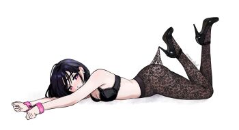 1girl alien_stage black_bra black_hair black_pantyhose black_shoes bra commentary cuffs derivative_work earrings eleville english_commentary fuzzy_handcuffs handcuffs high_heels highres jewelry lace lace-trimmed_bra lace_pantyhose lace_pantyhose_hooked_on_heel_(meme) lace_trim meme pantyhose purple_eyes shoes short_hair signature solo sua_(alien_stage) underwear