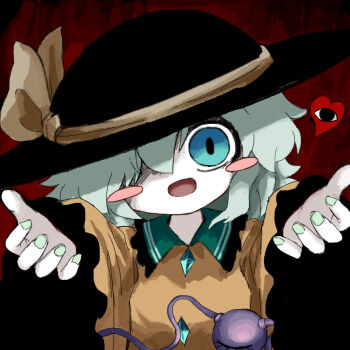 1girl black_hat blue_eyes blush_stickers commentary_request contrast_collar fingernails green_hair green_nails hair_between_eyes hair_over_one_eye hat hat_ribbon heart heripantomorrow koishi_komeiji's_heart-throbbing_adventure komeiji_koishi long_sleeves looking_at_viewer one_eye_covered open_mouth pale_skin red_background ribbon shirt smile solo third_eye touhou upper_body wide_sleeves yellow_ribbon yellow_shirt