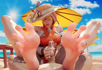 1boy 1girl 3d ashe_(overwatch) bare_arms bare_legs bare_shoulders barefoot beach blizzard_(company) cum cum_on_body cum_on_feet cum_on_hands cum_on_penis cum_on_self cumdrip edging ejaculation eyelashes feet feet_up femdom foot_focus foreskin handjob hat hetero highres legs long_toes looking_at_viewer lying nude on_back orgasm outdoors overwatch overwatch_2 penis pink_hair pov public_indecency public_nudity purple_nails purple_toenails soles spread_legs spread_toes sun_hat sunglasses sunlight swimsuit syclops tagme teasing testicles thighs toes umbrella underwear variant_set