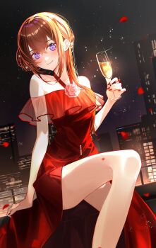 1girl absurdres bare_legs bare_shoulders blush city_lights cityscape commentary_request cup double-parted_bangs dress drinking_glass feet_out_of_frame flower frilled_dress frills highres holding holding_cup long_hair looking_at_viewer makise_kurisu nail_polish night petals purple_eyes red_dress red_flower red_hair red_nails red_rose rose rose_petals science_adventure shirase_rin sidelocks sitting sky solo steins;gate thighs wine_glass