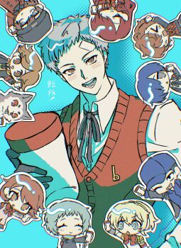 5boys 5girls aigis_(persona) amada_ken android animal aqua_hair aragaki_shinjirou arm_up armband bandaid bandaid_on_face bandaid_on_forehead baseball_cap beanie birthday black_gloves black_jacket black_ribbon blonde_hair blue_eyes blue_hair blush bow bowtie brown_eyes brown_hair cardigan chibi chibi_inset closed_eyes closed_mouth collared_shirt commentary_request cup dog gekkoukan_high_school_uniform gloves grey_hair hat highres holding holding_cup iori_junpei jacket kirijou_mitsuru koromaru_(persona) long_sleeves looking_at_viewer multiple_boys multiple_girls neck_ribbon open_mouth outstretched_arm persona persona_3 pink_cardigan red_armband red_bow red_bowtie red_hair red_sweater_vest ribbon samugasamugatta sanada_akihiko school_uniform shiomi_kotone shirt short_hair smile sweater_vest takeba_yukari upper_body white_shirt yamagishi_fuuka yuuki_makoto_(persona_3)