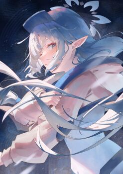 1girl absurdres blue_archive blue_background blue_halo commentary grey_eyes halo highres himari_(blue_archive) jacket long_hair long_sleeves miku_rasha parted_lips pink_jacket pointy_ears solo upper_body white_hair