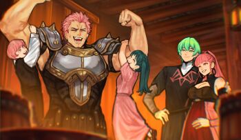 2girls 3boys armor blue_hair breastplate breasts brother_and_sister cleavage closed_eyes commentary commission earrings english_commentary father_and_daughter father_and_son fire_emblem fire_emblem:_three_houses fire_emblem_warriors:_three_hopes flexing green_hair highres hilda_valentine_goneril hilda_valentine_goneril_(timeskip) holst_sigiswald_goneril hoop_earrings implied_pregnancy indoors jewelry large_breasts long_hair looking_at_another male_byleth_(awakened)_(fire_emblem) male_byleth_(fire_emblem) mother_and_daughter mother_and_son multiple_boys multiple_girls muscular muscular_male nintendo open_mouth pauldrons pink_hair sethkiel short_hair shoulder_armor shoulder_spikes siblings smile spikes twintails