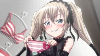 1girl blush ekaterina_kurae looking_at_viewer naughty_face panties screencap seikon_no_qwaser smile smirk striped_clothes striped_panties twintails underwear uno_makoto