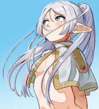 1girl blue_sky blush capelet day earrings frieren green_eyes grey_hair jewelry long_hair meme nico-mo outdoors pointy_ears sky solo sousou_no_frieren teeth twintails upper_body upward_angle_frieren_drawing_(meme) white_capelet