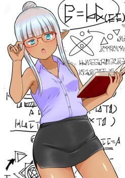Rule 34 | 1girl, absurdres, adjusting eyewear, black skirt, blue eyes, blunt bangs, book, breasts, contrapposto, cowboy shot, dark-skinned female, dark elf, dark skin, elf, glass, grey hair, hair bun, highres, holding, holding book, karla (kono healer mendokusai), kono healer mendokusai, long sidelocks, looking at viewer, miniskirt, official art, open mouth, pencil skirt, pointy ears, purple shirt, red-framed eyewear, shirt, sidelocks, single hair bun, skirt, sleeveless, sleeveless shirt, small breasts, solo, tannen ni hakkou, teacher, white background
