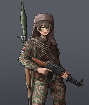 Rule 34 | 1girl, ammunition belt, anahid andranik, arakhchin, armenian clothes, armenian flag, assault rifle, bosnian war, camouflage, camouflage jacket, camouflage pants, commission, dark-skinned female, dark skin, fang, fur vest, gun, highres, holding, holding gun, holding weapon, jacket, jashin gopnik, light machine gun, looking at viewer, machine gun, military, military uniform, nagorno-karabakh war, original, pants, republika srpska, rifle, rocket launcher, rpg, rpg-7, rpg (weapon), rpk, serbian flag, skin fang, slit pupils, soldier, solo, torn clothes, torn sleeves, trigger discipline, weapon