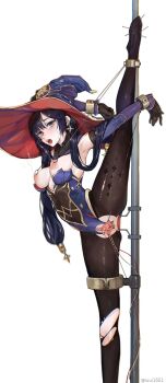 1girl absurdres anus areola_piercing armpits bad_id bad_pixiv_id bdsm black_pantyhose blue_eyes bodystocking bound bound_legs bound_wrists breasts breasts_out contortion covered_navel crying crying_with_eyes_open dilation_insertion earrings feet flexible gaping genshin_impact hair_between_eyes hair_ornament hat highres iuui jewelry labia_piercing lactation leg_up leotard mona_(genshin_impact) nipple_piercing nipple_rings nipples pantyhose piercing pole puffy_nipples purple_hair pussy pussy_piercing restrained simple_background solo split spread_anus spread_pussy standing standing_on_one_leg standing_split tears tied_up torn_clothes torn_pantyhose twintails uncensored urethral_insertion white_background wire witch_hat