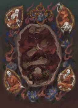 5boys abaddon_(haunted_hotel) abaddon_(human)_(haunted_hotel) alternate_universe bangle bracelet brown_background brown_hair buddhism child chinese_commentary commentary_request haunted_hotel highres jewelry male_focus monk multiple_boys red_eyes red_robe repeeksdnuorg robe skeleton upside-down