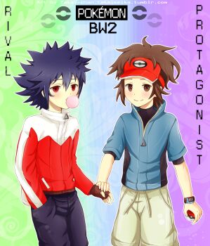 10s 2boys blush brown_eyes chewing_gum copyright_name fingerless_gloves full_body gloves highres holding holding_poke_ball hugh_(pokemon) male_focus multiple_boys nate_(pokemon) nintendo poke_ball pokemon pokemon_bw2 purple_hair red_eyes smile spiked_hair takai_seika watch wristwatch yaoi