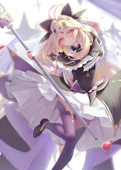 Rule 34 | 1girl, absurdres, antenna hair, arm behind head, black bow, black bowtie, black capelet, black shoes, blonde hair, blush, bow, bowtie, capelet, commentary request, crossed bangs, cure arcana shadow, detached collar, diamond hairband, dress, frilled capelet, frilled dress, frills, hair between eyes, hair bow, hair intakes, hair ornament, highres, holding, holding staff, jewelry, long hair, looking at viewer, low block heels, mage staff, meitantei precure!, moria luluka, parted lips, pleated skirt, precure, purple thighhighs, purple veil, red eyes, shoes, skirt, solo, staff, thighhighs, train (clothing), veil, very long hair, white skirt, white wrist cuffs, wrist cuffs, yuye