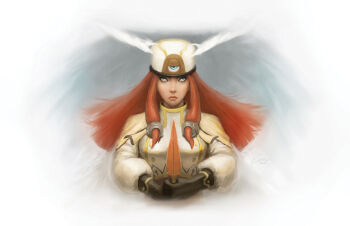 1girl alex_chow arc_system_works blazblue blazblue:_continuum_shift blue_eyes cape female_focus gloves hair_tubes hat lips long_hair nose red_hair short_sword sidelocks solo sword symmetry tsubaki_yayoi uniform weapon