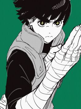 1boy absurdres arm_behind_back bandaged_arm bandages closed_mouth commentary_request fighting_stance flak_jacket green_background greyscale_with_colored_background highres jacket korean_commentary looking_at_viewer m0_mo_momo male_focus naruto_(series) naruto_shippuuden rock_lee short_hair solo spot_color star-shaped_pupils star_(symbol) symbol-shaped_pupils thick_eyebrows upper_body