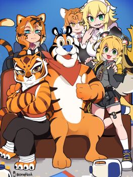 1boy 5girls absurdres animal_ears animal_nose artist_name black_necktie black_shirt black_shorts blonde_hair blue_background blue_eyes bongftah bottle breasts closed_mouth couch crossed_arms crossed_legs crossover fingerless_gloves frederica_baumann furry furry_female furry_male gloves green_eyes highres ju_fufu jug_(bottle) kellogg&#039;s kemono_friends kung_fu_panda large_breasts long_hair looking_at_viewer maid milk_bottle multiple_girls necktie on_couch open_mouth orange_fur orange_hair orc_massage re:zero_kara_hajimeru_isekai_seikatsu sharp_teeth shirt shorts siberian_tiger_(kemono_friends) sitting striped_fur striped_hair striped_tail tail teeth thumbs_up tiger tiger_boy tiger_ears tiger_girl tiger_tail tigress_(kung_fu_panda) tony_the_tiger trait_connection valerie_(orc_massage) zenless_zone_zero
