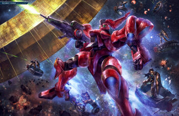 absurdres angel_halo_(gundam) asteroid battle beam_rifle energy_beam energy_gun explosion gottrlatan gundam gundam_perfect_file highres machinery mecha mecha_focus mobile_suit nebula no_humans official_art realistic rig_shokew robot scan scene_reference science_fiction space space_habitat star_(sky) tenjin_hidetaka thrusters traditional_media victory_gundam weapon zanscare