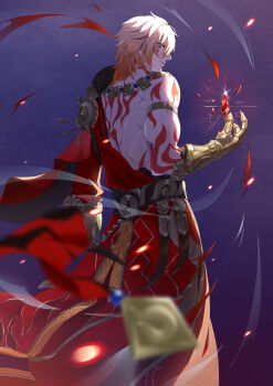 Rule 34 | 1boy, abs, absurdres, arm tattoo, armlet, back tattoo, black coat, blonde hair, braid, cape, clawed gauntlets, coat, commentary request, crystal, earrings, facial tattoo, gold earrings, gold necklace, gradient hair, highres, honkai: star rail, honkai (series), jewelry, looking at viewer, looking back, male focus, medium hair, mochooo oo, multicolored hair, mydei (honkai: star rail), necklace, open clothes, open coat, red cape, red hair, red tattoo, side braid, side cape, solo, tattoo, toned, toned male, waist cape, yellow eyes