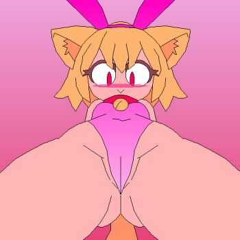 animal_costume bell blonde_hair blush breasts cameltoe cat_girl checksout collar felid_humanoid female_focus navel neck_bell neco-arc rabbit_costume small_breasts solo tagme tail tsukihime type-moon yellow_tail