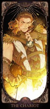 Rule 34 | 1boy, arm belt, armor, baldur's gate, baldur's gate 3, bandaged hand, bandages, belt, black background, black scales, blonde hair, border, bracer, brown hair, card (medium), chest harness, commentary, cowboy shot, dungeons & dragons, elf, eliza fox, embers, english commentary, eyebrow cut, facial mark, furrowed brow, glowing pupils, halsin, harness, highres, looking at viewer, mature male, ornate border, pointy ears, scales, scar, scar on face, scar on forehead, serious, shirt, sleeveless, sleeveless shirt, solo, tarot, the chariot (tarot), underlighting, yellow eyes, yellow light