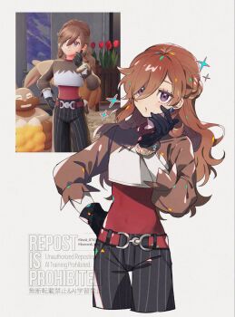 1girl black_gloves black_pants brown_hair brown_jacket character_request commentary_request cropped_jacket cropped_legs game_screenshot_inset gloves hair_between_eyes hand_on_own_hip hand_up highres jacket kawasaki_(kwsk_8765) long_hair long_sleeves nintendo open_mouth pants pokemon pokemon_legends:_z-a purple_eyes red_shirt shirt simple_background solo striped_clothes striped_pants watermark white_background