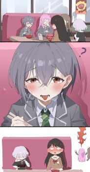 Rule 34 | 5girls, absurdres, bang dream!, bang dream! it's mygo!!!!!, black shirt, blue eyes, blue shirt, blush, brown eyes, brown hair, chihaya anon, chopsticks, commentary, dated commentary, eating, full-face blush, green necktie, grey eyes, grey hair, grey jacket, hair between eyes, hanasakigawa school uniform, haneoka school uniform, heterochromia, highres, holding, holding chopsticks, implied yuri, jacket, kaname raana, layered sleeves, long hair, long sleeves, mole, mole under eye, multicolored hair, multiple girls, mygo!!!!! (bang dream!), nagasaki soyo, necktie, pink hair, roots (hair), school uniform, shiina taki, shirt, short hair, short over long sleeves, short sleeves, spicy, sweat, takamatsu tomori, tongue, tongue out, white hair, white shirt, yellow eyes, yzj21333