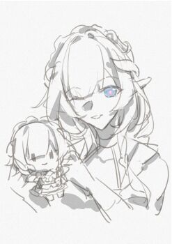 1girl ;) blue_eyes character_doll chinese_commentary commentary_request cropped_torso doll elf elysia_(honkai_impact) elysia_(miss_pink)_(honkai_impact) elysia_(miss_pink_elf)_(honkai_impact) gloves greyscale highres holding holding_doll honkai_(series) honkai_impact_3rd maid maid_headdress monochrome official_alternate_costume one_eye_closed pointy_ears sketch smile solo spot_color tide_(xiaohongshu_49681450903)