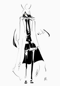 Rule 34 | 1girl, abstract, absurdres, ahoge, animal ears, artist name, blunt ends, coat, ear ornament, ear tag, earrings, highres, horse ears, horse girl, horse tail, jewelry, long hair, manhattan cafe (umamusume), multicolored hair, open clothes, open coat, pleated skirt, red eyes, ringring (artist), signature, simple background, single earring, skirt, solo, spot color, standing, tail, tie clip, umamusume, very long hair, white background