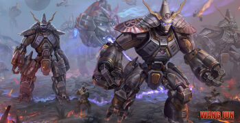 2boys aircraft armor artify artist_name assault_rifle aurora battle battlefield burning command_&amp;_conquer command_&amp;_conquer:_red_alert command_&amp;_conquer:_red_alert_3 empire_of_the_rising_sun energy_beam fire giga-fortress glowing glowing_eyes gun helmet highres imperial_warrior japanese_armor kabuto_(helmet) king_oni male_focus mecha multiple_boys pauldrons purple_energy rifle rising_sun_flag robot ruins science_fiction shoulder_armor smoke striker-vx sunburst war wasteland weapon