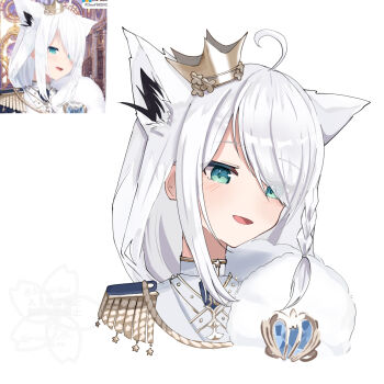 1girl ahoge animal_ear_fluff animal_ears blush braid cape commentary_request crown earrings epaulettes extra_ears fox_ears fox_girl fur_cape green_eyes hair_between_eyes hair_over_one_eye highres hololive jewelry long_hair mini_crown open_mouth photo-referenced photo_inset shirakami_fubuki shirakami_fubuki_(fbkingdom) sidelocks simple_background single_braid solo swept_bangs tamao_prunus virtual_youtuber watermark white_background white_hair