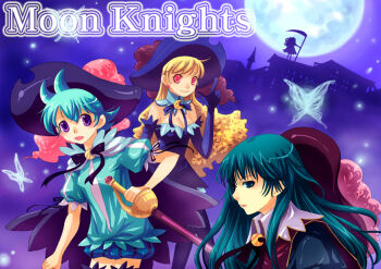 Rule 34 | 4girls, aqua hair, aqua shirt, aqua sleeves, archived source, bf. (sogogiching), blonde hair, blue shorts, blue sleeves, breasts, bug, building, butter, butterfly, cape, cavalier hat, cleavage, copyright name, crescent, crescent brooch, detached collar, dress, earrings, elbow gloves, english text, flipped hair, food, full moon, gloves, green eyes, green hair, hair behind ear, hat, holding, holding scythe, insect, jewelry, jin so-hee, lee seula, light particles, lips, long hair, medium breasts, moon, moon knights, multiple girls, musketeer, neck ribbon, nose, official art, plume, pointing, pointing up, profile, puff and slash shorts, puffy short sleeves, puffy sleeves, purple background, purple cape, purple dress, purple eyes, purple gloves, purple hat, purple ribbon, purple thighhighs, red eyes, ribbon, ryu hana, sayuri (moon knights), scythe, shirt, short dress, short hair, short sleeves, shorts, silhouette, straight hair, strapless, strapless dress, thighhighs, unworn headwear, white butterfly, wing collar