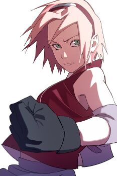 Rule 34 | 1girl, absurdres, black gloves, clenched hand, closed mouth, gloves, green eyes, haruno sakura, highres, looking at viewer, midriff peek, naruto (series), naruto shippuuden, pink hair, pnpk 1013, red shirt, shirt, short hair, sleeveless, sleeveless shirt, solo, upper body, white background