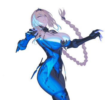 Rule 34 | 1girl, bianca: stigmata (pgr), bianca (pgr), black tiara, braid, breasts, cleavage, closed eyes, commentary request, guratan, highres, large breasts, long hair, mechanical arms, mole, mole under eye, open mouth, punishing: gray raven, simple background, single braid, solo, teeth, tiara, very long hair, white background