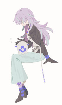 1boy arm_support black_gloves black_shirt black_shoes blue_hair blue_socks colored_tips commentary_request from_side ghost gloves green_eyes green_skirt half-jacket hand_on_another's_head highres hoshirube_sho hoshirube_sho_(1st_costume) invisible_chair jacket komiroku long_sleeves male_focus multicolored_hair nijisanji otomo_(hoshirube_sho) overskirt pants purple_hair shirt shoes simple_background sitting skirt sleeping smile socks solo virtual_youtuber white_background white_jacket white_pants zzz